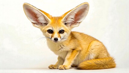 Fennec fox with large ears sitting on white background 
