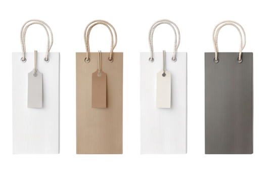 Four simple paper shopping bags, various colors, with tags