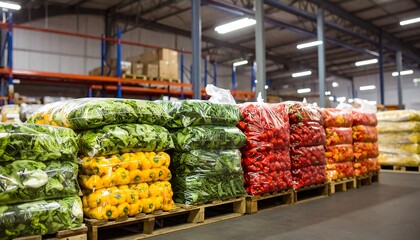 Fresh Produce Stacks in Warehouse - Lettuce, Squash, Peppers, Oranges.