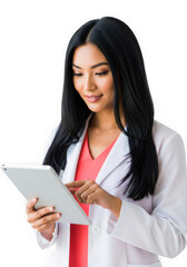 Fototapeta premium Smiling Asian Female Doctor or Scientist in White Lab Coat Using Digital Tablet