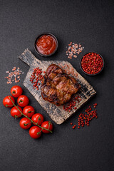 Pork breast steak, grilled fillet, healthy food, lunch. Pork steak as food background