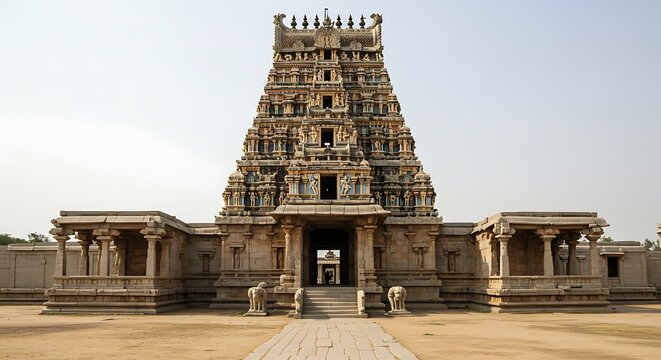 Detailed stone architecture of the ancient Veerabhadra temple at Lepakshi, showcasing the rich