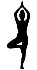Fototapeta premium Realistic Female Tree Pose Silhouette, Woman Vrikshasana Black Vector, Female Yoga Standing Clipart