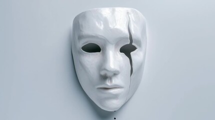 White mask cracked black tear emotional sadness minimal background art, dramatic mysterious sculpture isolated object, broken porcelain face expression concept loneliness eerie abstract damaged - Powered by Adobe