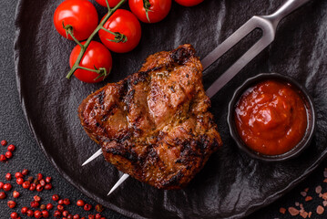 Pork breast steak, grilled fillet, healthy food, lunch. Pork steak as food background