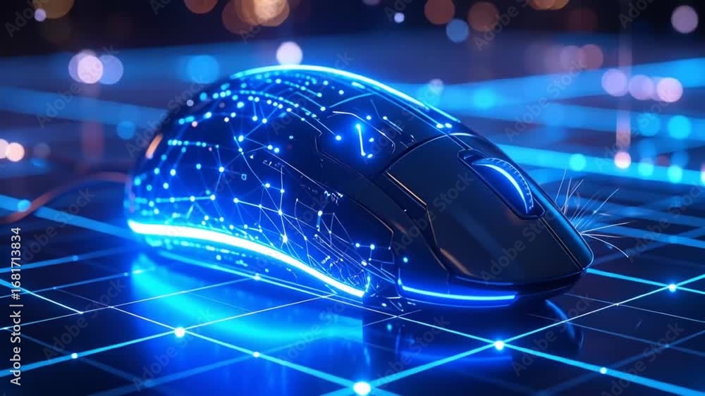 Poster futuristic glowing computer mouse on grid