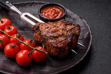 Pork breast steak, grilled fillet, healthy food, lunch. Pork steak as food background