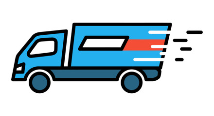 Fototapeta premium Blue delivery truck with red and white stripes, moving fast, isolated on white background