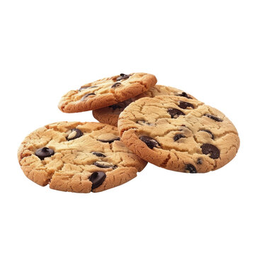 Three chocolate chip cookies, layered, on a dark background