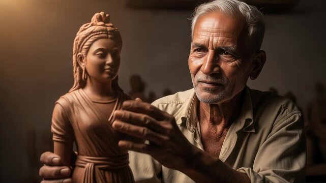 Master Sculptor Intently Examines His Clay Creation in Warm Studio Light