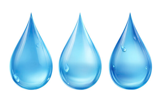 Three glossy, translucent blue water droplets, realistically depicted