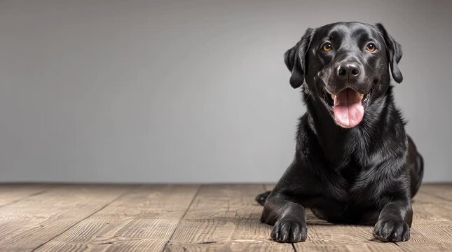 Black labrador retriever dog pet animal with shiny black coat lying and sitting wooden floor, happy playful domestic canine mammal portrait, friendly relaxed loyal large breed, joyful expression
