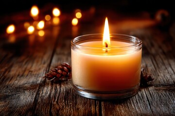 Warm candlelight flickers softly on a rustic wooden table surrounded by pinecones