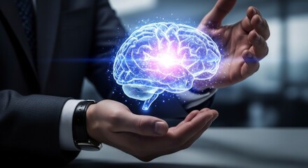 A digital brain hovers in the hands of a person in a business suit, representing advanced technology and futuristic thinking.