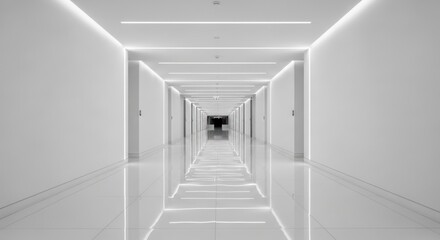 Obraz premium A minimalist office hallway, bathed in bright, even light, creates a sense of spaciousness and order.