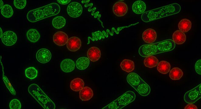 Vibrant microbial ecosystem captured with fluorescence microscopy, showcasing a diverse community of glowing green and red bacteria and algae cells - Powered by Adobe