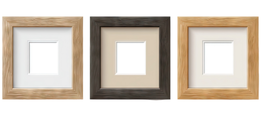 Three square picture frames in light brown, dark gray, and light brown