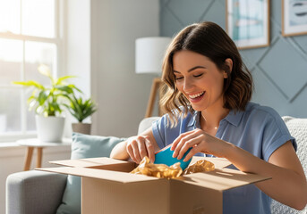 Happy female unboxing first item from package, vibrant expression and genuine delight captured in photo