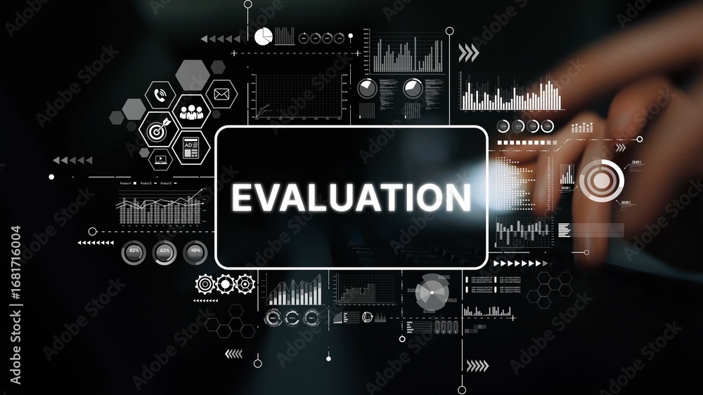 Poster business evaluation concept with data graphs, analytics, and modern technology background. asymptoti