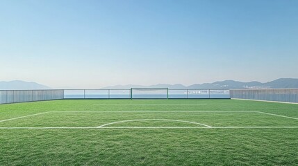 Fototapeta premium Exciting soccer match on a clear sunny day rooftop field sports action bright atmosphere wide angle view outdoor fun