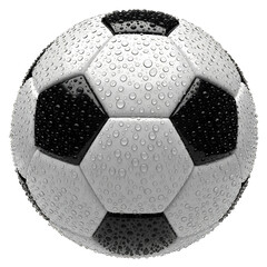 Realistic soccer ball with dynamic water droplets, isolated on white & transparent background, perfect for sports advertising, tournament branding, game day promotions, fitness apps,