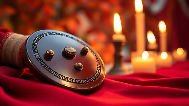 Traditional castanets resting on crimson silk, glowing with candlelight and autumn foliage behind.
