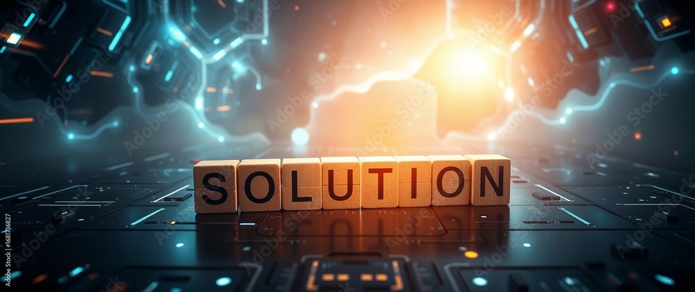 Aufkleber solution text creating with wooden cubes on futuristic background