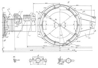 Crankcase of rear axle housing of truck.
Engineering automotive assembly mechanical drawing of steel 
device on paper sheet. Industrial cad scheme. 
Technology design of machine building industry.