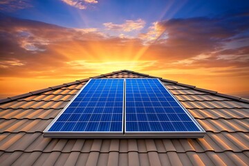 Solar panel on a tiled roof during a dramatic sunset with sun rays