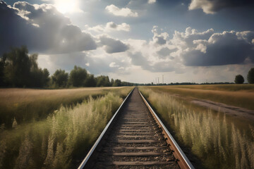 Obraz premium Eisenbahngleise durch Sommerfelder – Landschaftsfotografie