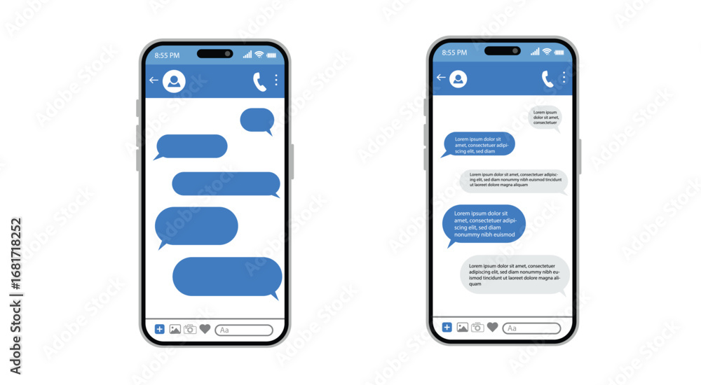 Poster modern smartphone chat ui template blue messaging bubbles vector conversation screen.