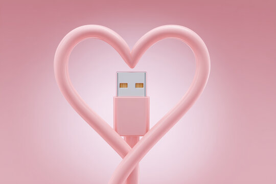 A USB cable in the shape of a heart symbolise digital love, connection, technology and relationships. a symbolic representation of digital love and connectivity