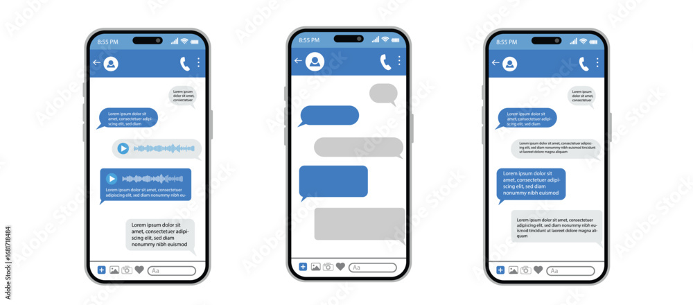 Poster smartphone chat app ui template with blue message bubbles modern conversation screen vector.