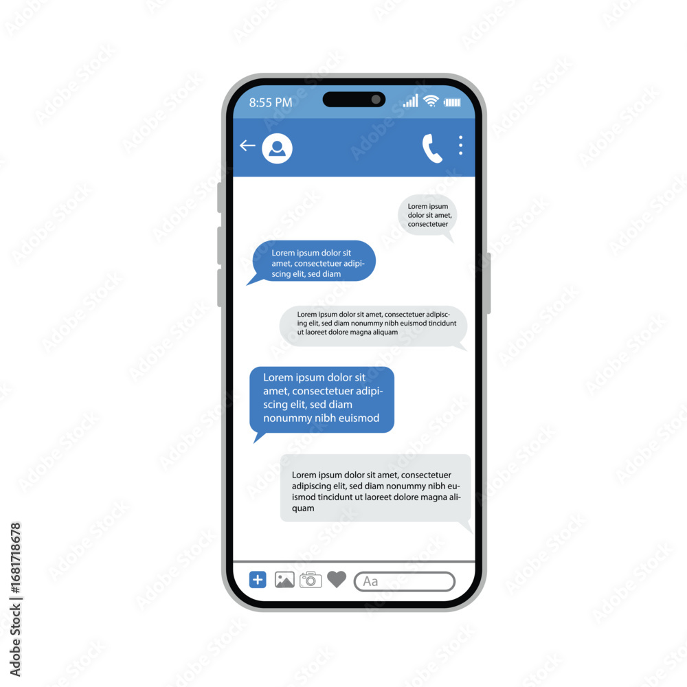 Poster realistic smartphone chat app ui template with blue message bubbles modern conversation screen socia