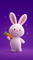 Obraz premium A cheerful cartoon bunny with a carrot on a vibrant purple background, perfect for children's designs.