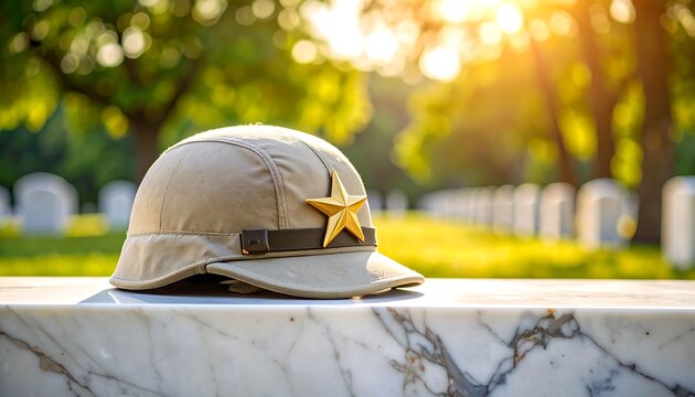 Gold Star emblem on military hat resting on marble at a serene cemetery during sunset