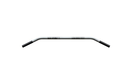 A straight on view of a silver motorcycle handlebar with black grips against a white background space