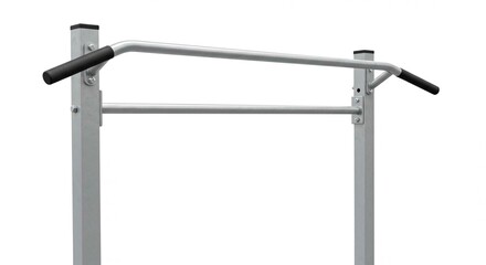 Obraz premium A close up view of a gray metal pull up bar with black grips against a white studio background setting