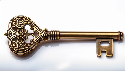 an antique brass key intricately crafted resting on a smooth surface reminiscent of stories untold and doors yet to be unlocked isolated on white background