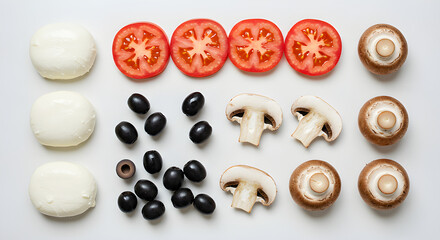 Obraz premium Fresh pizza ingredients arranged neatly on a clean white background.