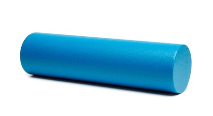 A single blue foam roller lying horizontally on a white surface in a studio setting with soft shadows