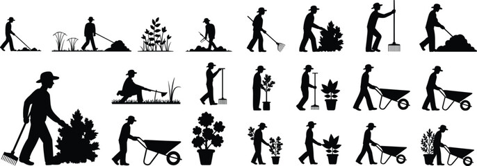Gardening, silhouette, vector, black, people, tools, planting, watering, raking, wheelbarrow, shovel, nature, outdoor, farm, agriculture, icon, activity, graphic, illustration, garden