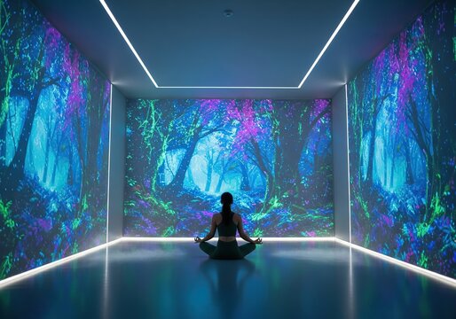 Woman Meditating in Immersive Forest Environment Yoga Meditation Relaxation