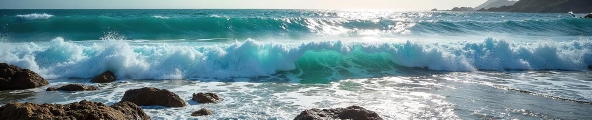 Fototapeta premium Ocean waves crashing on a rocky shore, sea foam, sunlight reflecting on the water surface, dramatic coastal scene, natural power of the ocean , sunlight, power of nature