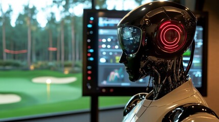 Closeup of a golf robot's head with sensors golf course technology image outdoor environment side view high-tech innovation