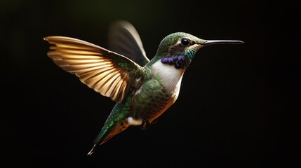 Fototapeta premium Hummingbird in midflight nature photography closeup aerial view iridescent beauty