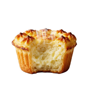 Extreme close-up macro of a torn, steaming pommes duchesse with a golden crust and fluffy interior, isolated on a transparent background, concept of gourmet food photography