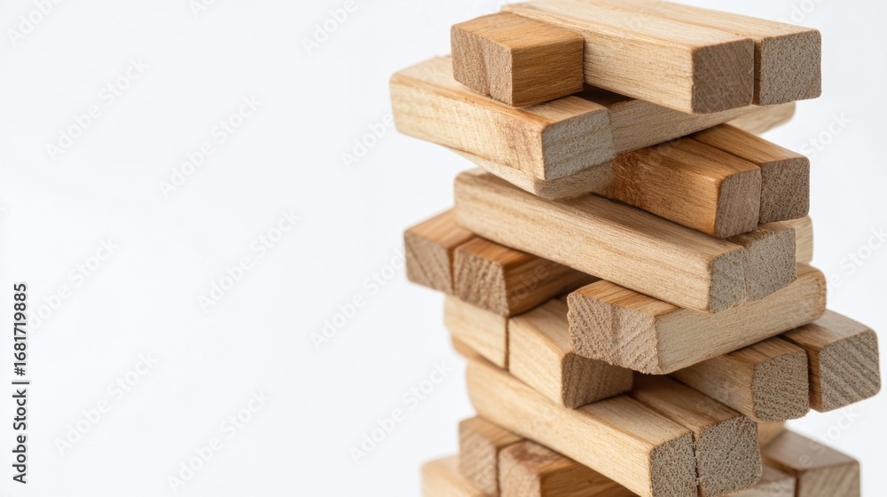 Poster jenga tower toppling gameplay indoor setting closeup image minimalist background dynamic perspective