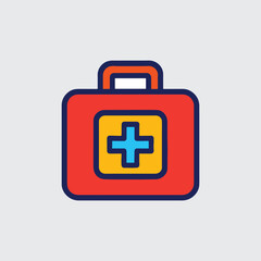 Obraz premium Bright red first aid kit icon with blue cross symbol