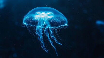 Obraz premium Serene jellyfish floating gracefully in deep ocean waters close-up photography tranquil underwater environment captivating artistry